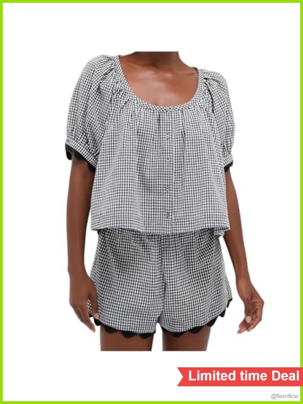 Women's 2 Piece Gingham Short Set Puff Sleeve Top Scalloped Shorts Summer